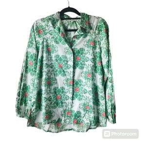 ModaPosa Pink and Green Button Down Blouse with Long Sleeve Puff Sleeve Sz. S